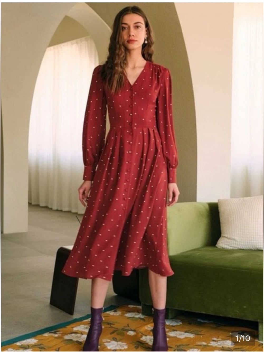 RIHOAS Red Polka Dot‎ Midi Dress V-Neck Long Sleeve Cottagecore Size L